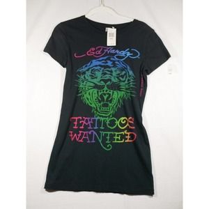 Ed Hardy by Christian Audigier L Tiger Tattoo Wanted Black Neon T-shirt NWT NOS